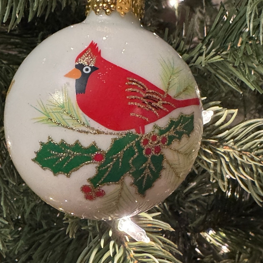 Kurt Adler (#GG0913) Glass Ornament, White with Cardinal, 6 Pc Set, 3" EUC